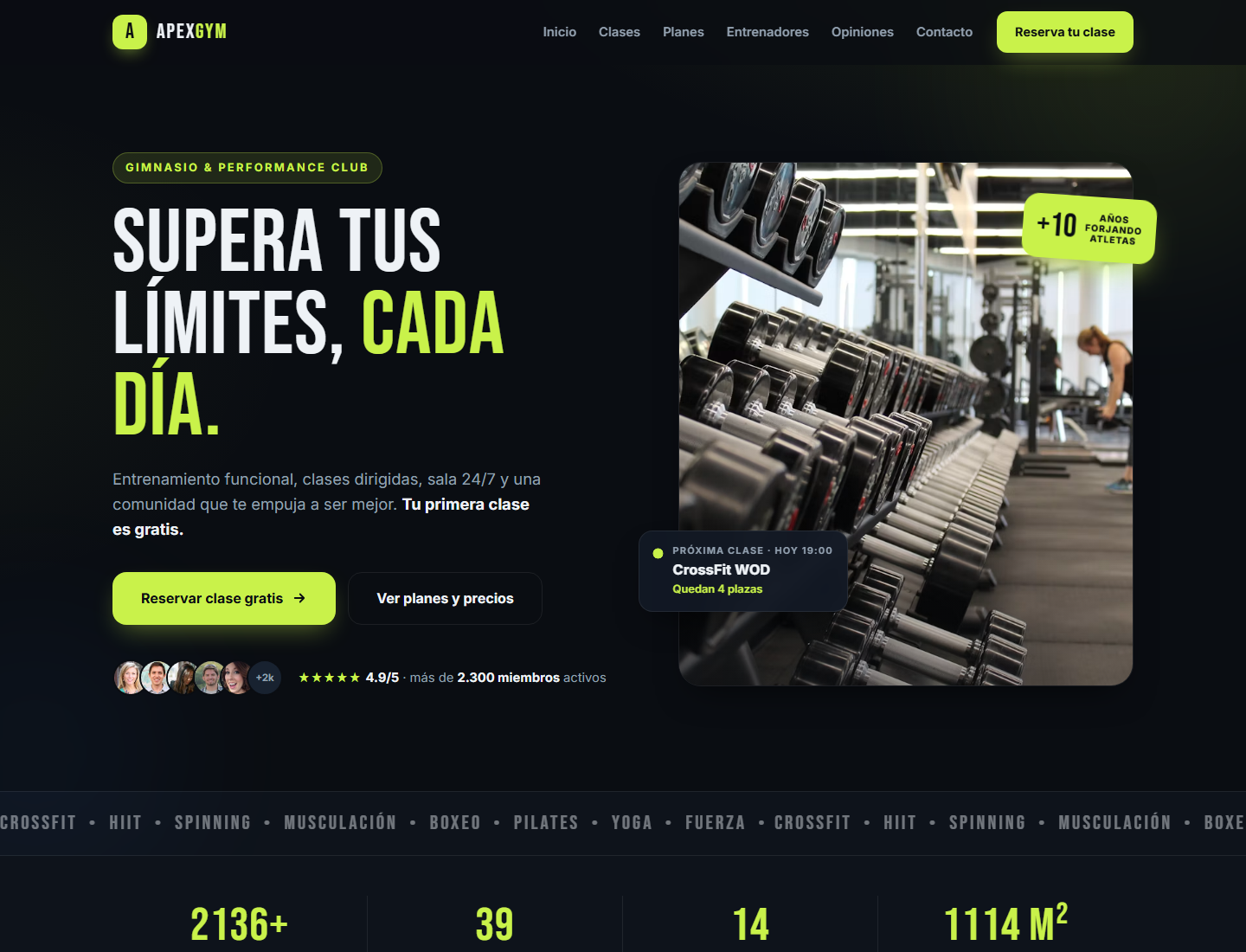 Captura de la web de ejemplo ApexGym para reservas de gimnasio